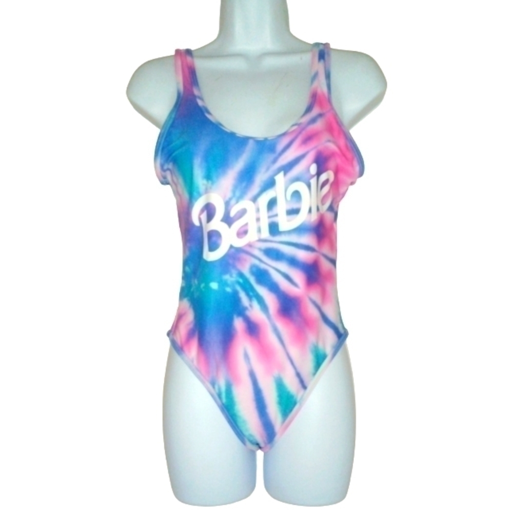 Barbie pastel pink blue white tie dye open back one piece swim suit small